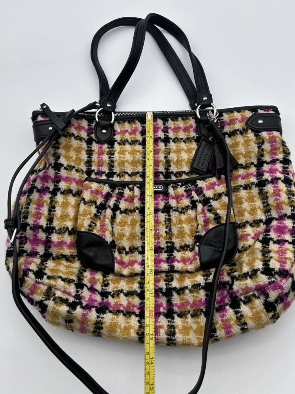 Coach Ashley Plaid Wool Carryall Satchel Bag Pink Yellow Houndstooth 14845